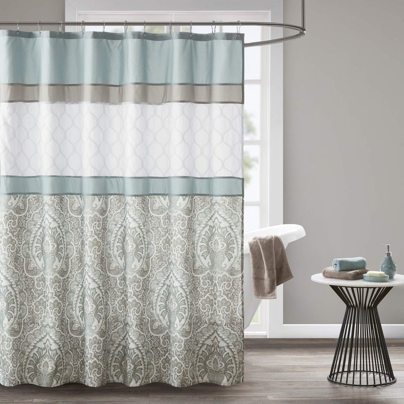 510 DESIGN Shower Curtain, Geometric Textured Embroidery Design with Built-in Liner, Modern Mid-Century Bathroom Decor, Machine Washable, Fabric Privacy Screen 72x72, Shawnee, Seafoam - Image 1